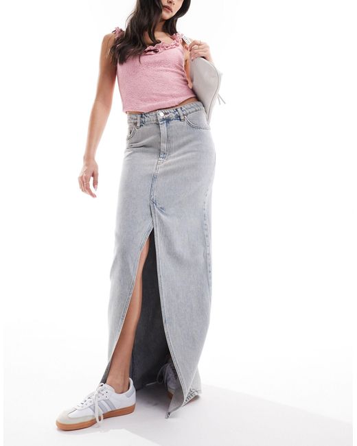 Monki Gray Midaxi Denim Skirt With Front Split