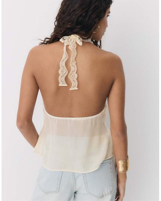 Stradivarius Natural Halter Neck Top With Lace Trim