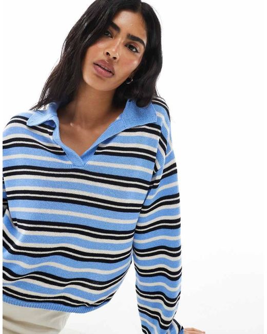 ASOS Compact Gebreide, Gestreepte Polotop Met Lange Mouwen in het Blue