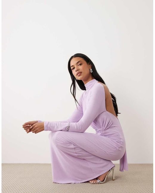 ASOS Pink Long Sleeve Twisted Bust Detail Mesh Maxi Dress