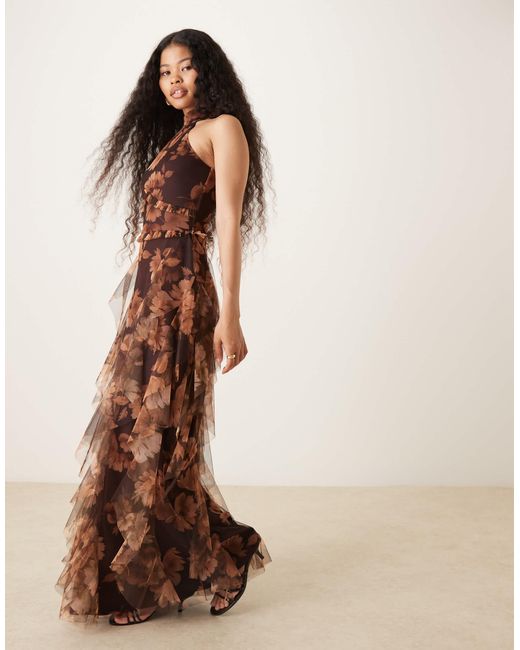 LACE & BEADS Halter Neck Ruffle Maxi Dress in Brown | Lyst