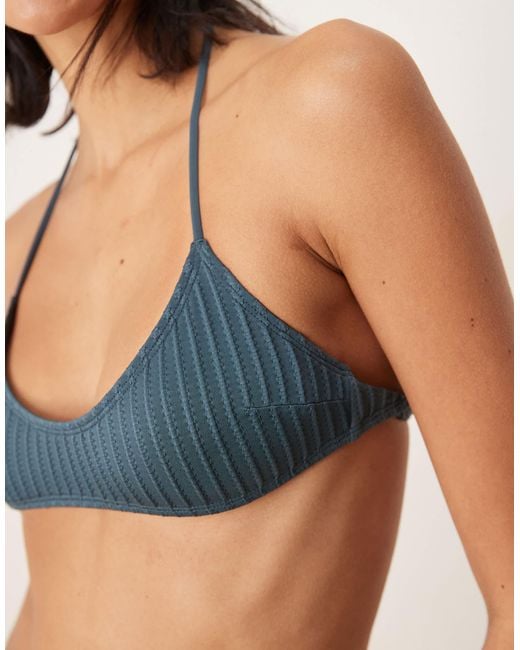 ASOS Blue Riddy Rib Scoop Halter Bikini Top