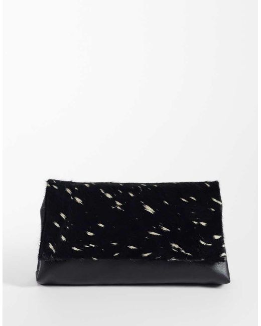 ASOS Black Hair-on Real Leather Flap Clutch Purse