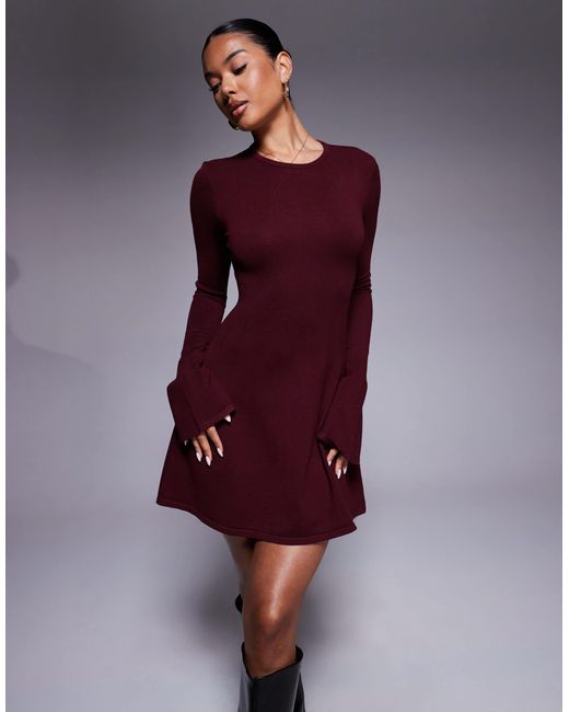 Kaiia Purple Exclusive Compact Knit Flared Sleeve Mini Skater Dress