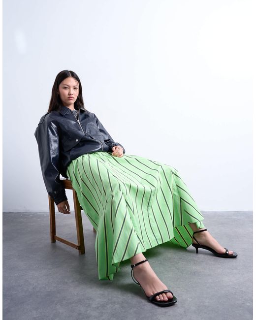 Jupe longue évasée en popeline rayée à taille élastique - vert et jaune TOPSHOP en coloris Green