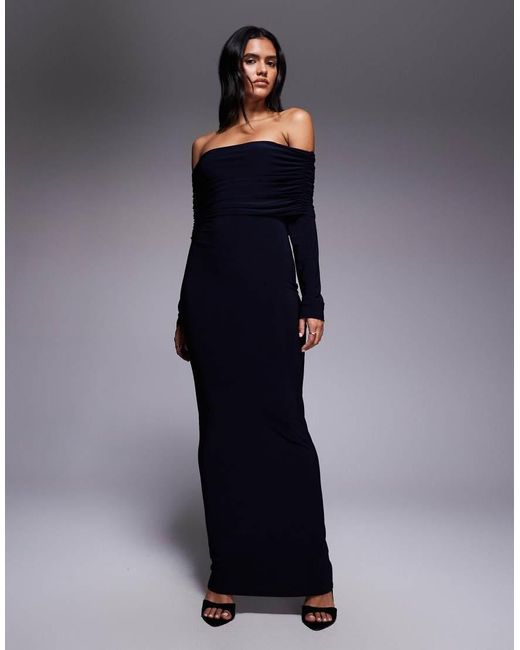 ASOS Blue Long Sleeve Deep Bardot Maxi Dress