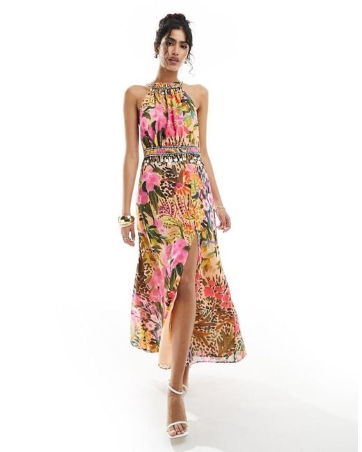 Hope & Ivy White High Neck Maxi Dress With Thigh Split