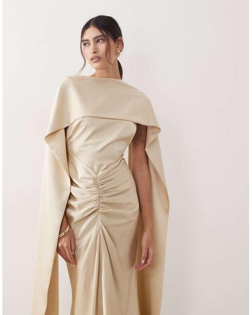 ARRANGE Natural Pleated Waist High-neck Back-drape Satin Maxi Dress