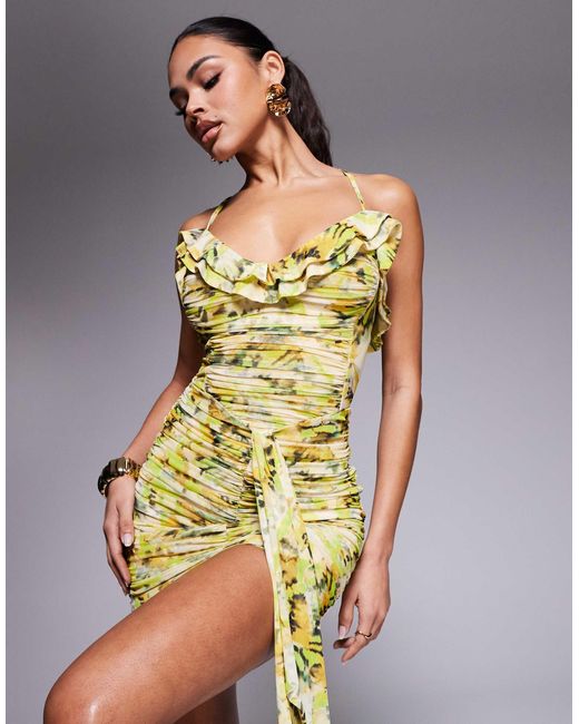 AFRM Green – mackie – netzstoff-minikleid mit rüschen, drapierung und limettenem muster