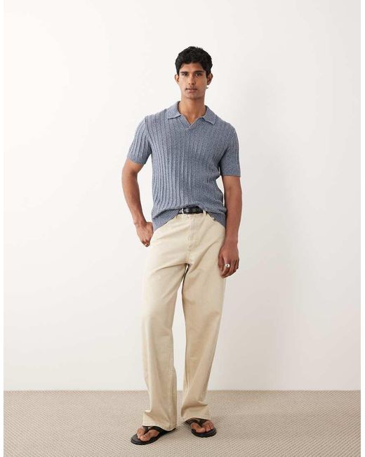 Mango Gray 100% Cotton Textured Knitted Revere Neck Poloshirt for men