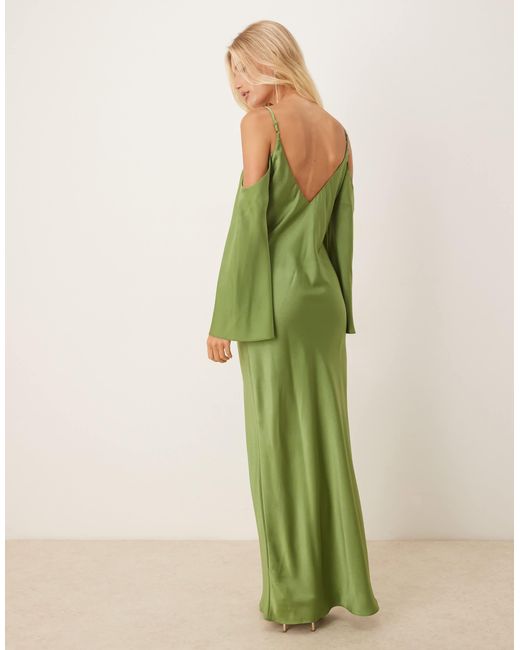 ASOS Green Satin Long Sleeve Fallen Shoulder Cami Midi Dress