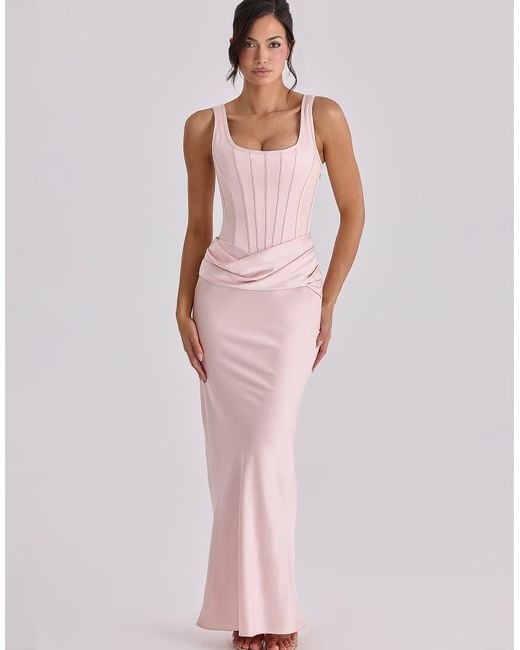 House Of Cb Pink Kira Blush Satin Gathered Maxi Dress