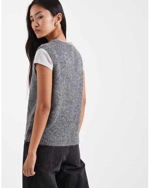 Vero Moda Gray Soft Fluffy Knit Rib Button Front Vest