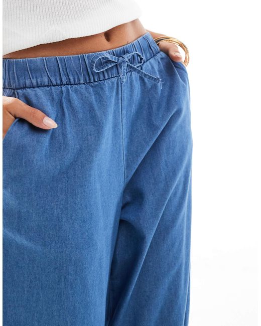 Only Petite Blue Tie Waist Wide Leg Denim Trousers