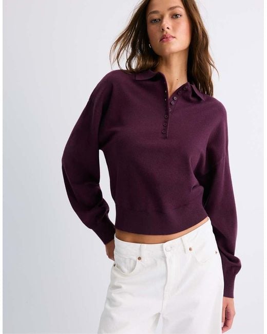 Stradivarius Purple Polo Collar Knit Sweater
