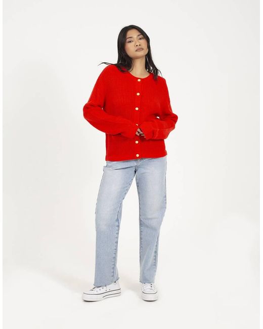 Brave Soul Red Round Neck Fisherman Knit Cardigan