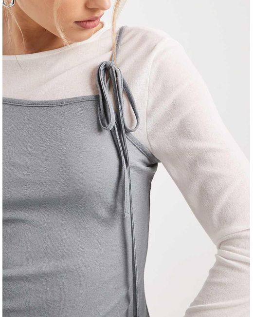 ASOS Gray Ribbed Long Sleeve Double Layer Top With Tie Details