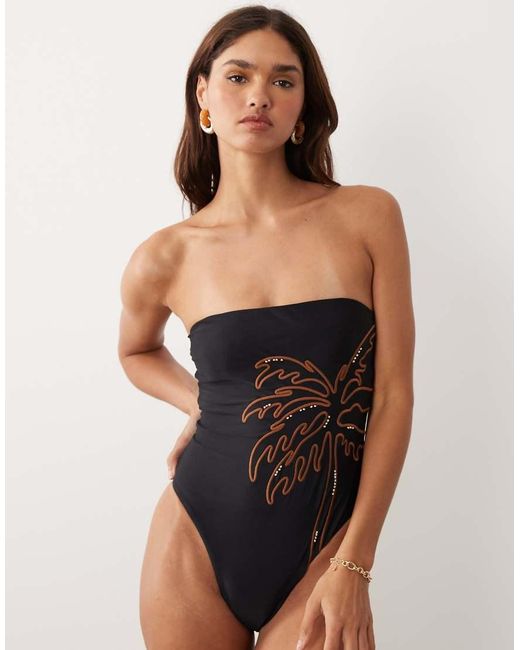 ASOS Multicolor Cornelia Bandeau Swimsuit With Embroidery Detail
