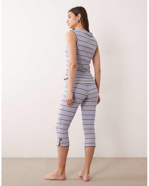 ASOS Multicolor Stripe Ribbed Square Neck Singlet & Capri Pyjama Pants Set