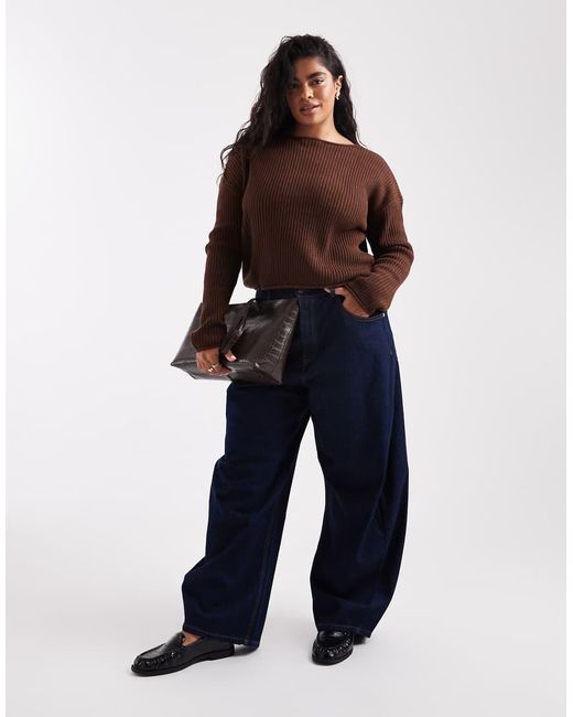 ASOS Brown Asos Design Curve Crew Neck Boxy Rib Jumper With Rolled Edge
