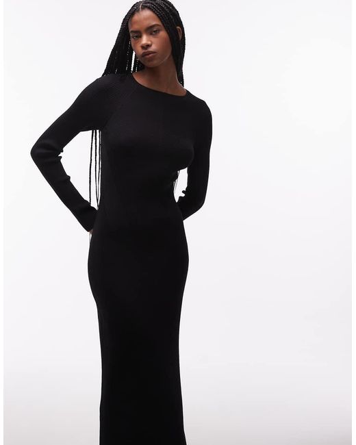 & Other Stories Black Ribbed Structured Knit Maxi Dress With Cuff Detail