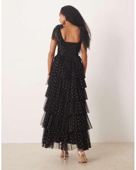 LACE & BEADS Black Bow Shoulder Tiered Tulle Maxi Dress