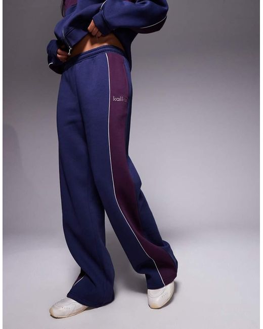 Kaiia Blue Cotton Rich Contrast Side Stripe Wide Leg joggers Co-ord