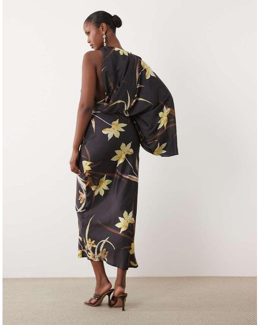 ASOS White Asymmetric One Draped Sleeve Gathered Waist Maxi Dress