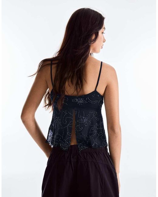 Bershka Black Rhinestone Mesh Strappy Top