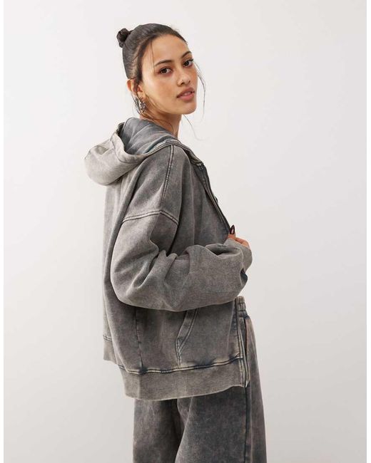 Weekday Oversized Hoodie Van Co-Ord Set Met Ritssluiting En Acid Wash in het Gray