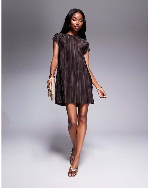 ASOS Brown Plisse Cap Sleeve Mini Dress