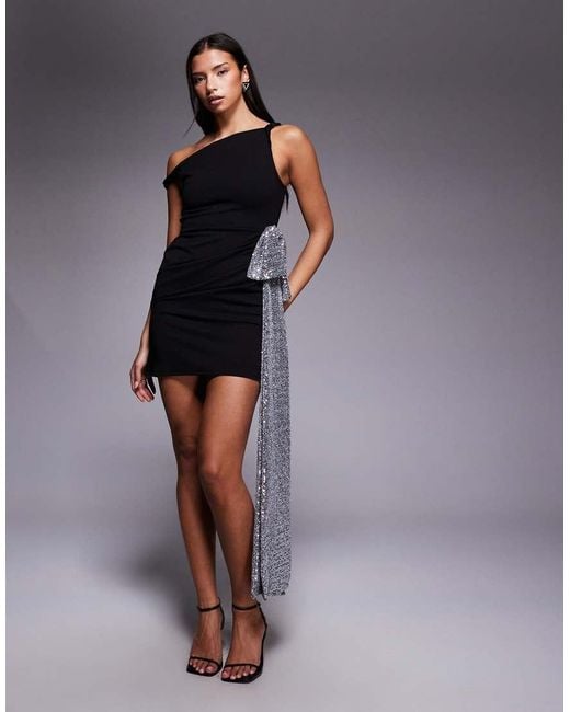 ASOS Blue Crepe Twisted Off The Shoulder Mini Dress With Silver Sequined Bow Side Detail