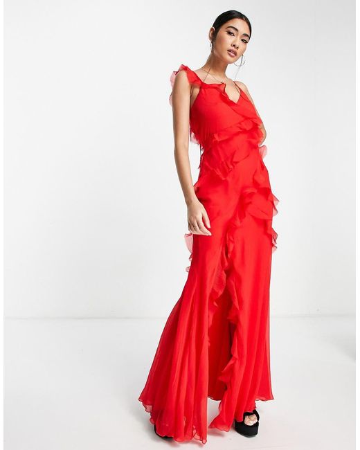 ASOS Red Tie Ruffle Detail Maxi Dress With Tie Back And Button Side