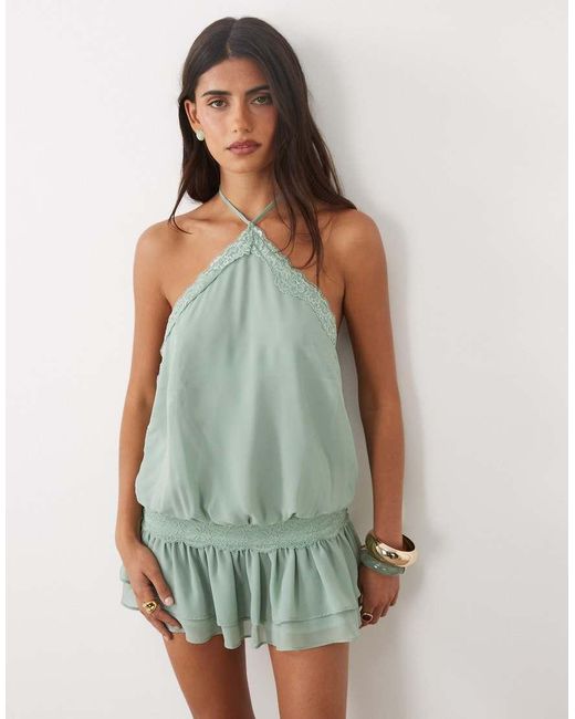 Tiger Mist Green Tessie Chiffon Halterneck Lace Trim Drop Waist Mini Dress