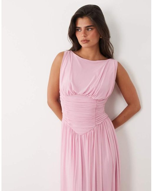 ASOS Pink Mesh Slash Neck Asymmetric Bubble Hem Maxi Dress