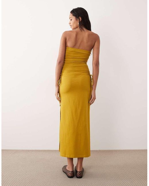 ASOS Yellow Bandeau Ruched Side Midi Dress Ochre
