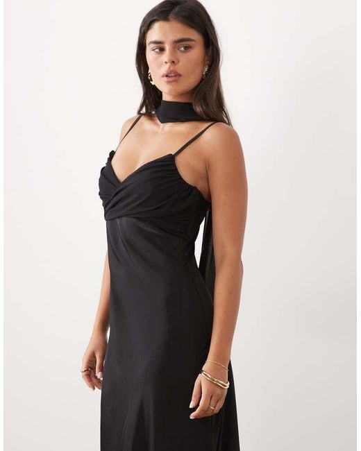 Kaiia Black Exclusive Satin Halterneck Scarf Detail Sheer Hem Maxi Dress