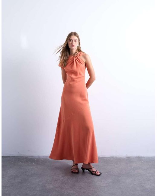 Vestito Midi Color Mandarino Con Nodo Al Collo E Maniche Asimmetriche di TOPSHOP in Red