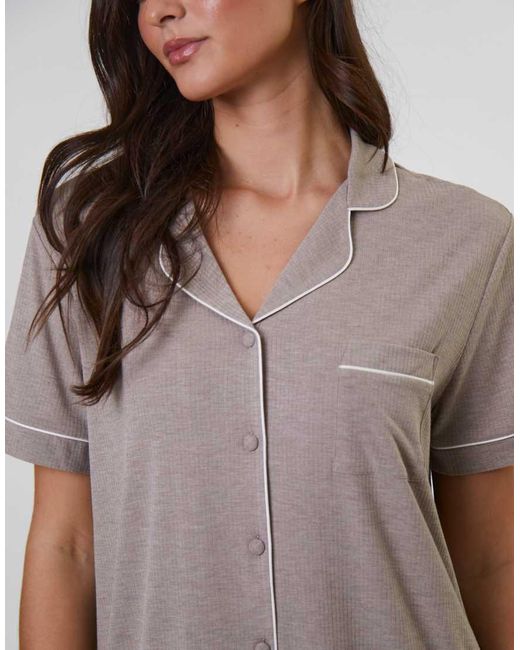 Loungeable Natural Ladies Ribbed Pyjama Set