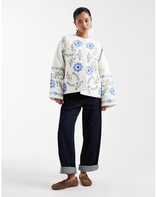 Miss Selfridge Blue Embroidered Cotton Padded Jacket