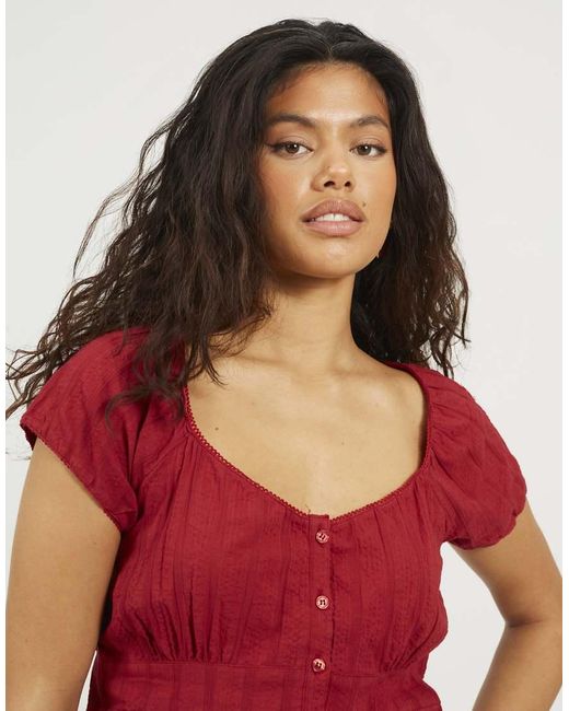 Brave Soul Red Woven Short Sleeve Button Down V-Neck Top