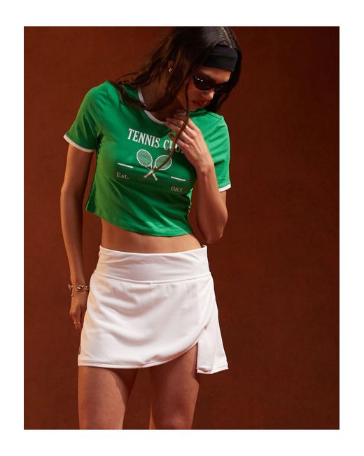 Pieces Green Sport Core 'tennis Club' Cropped T-shirt With Contrast Trim