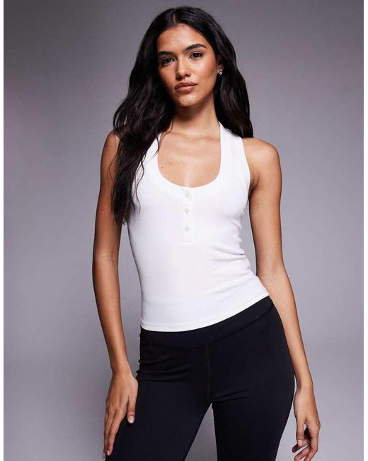 4505 White Rest Day Ultra Soft Modal Rib Scoop Neck Henley Vest