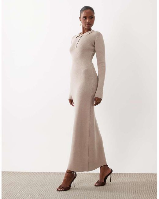 4th & Reckless Natural Ribbed Knit Button Detail Collared Long Sleeve Maxi Dress