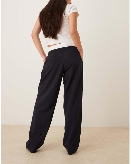 ASOS Blue Tailored Wide Leg Pants With Asymmetric Raw Edge Waistband