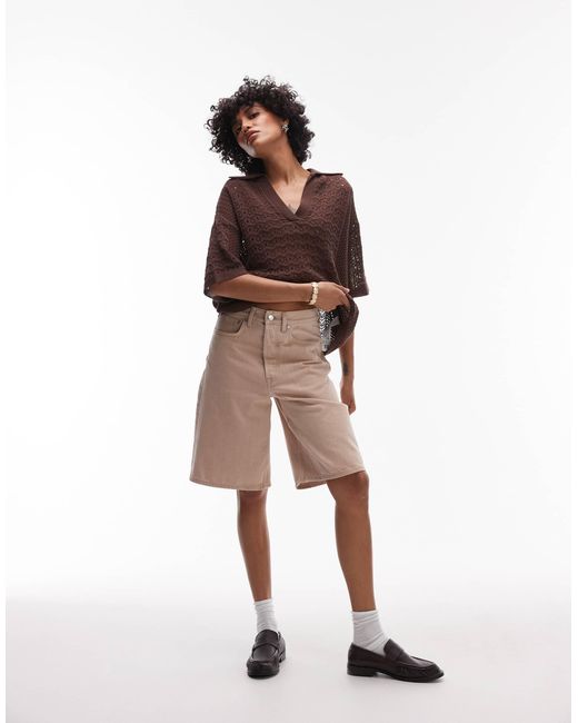 TOPSHOP Brown Open Stitch Polo Top