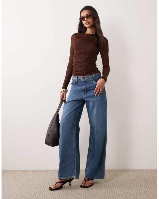 ASOS Brown Mesh Drape Boat Neck Long Sleeve Top