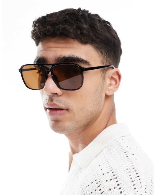 Occhiali Da Sole Modello Aviatore Neri Con Lenti Marroni di ASOS in Black da Uomo