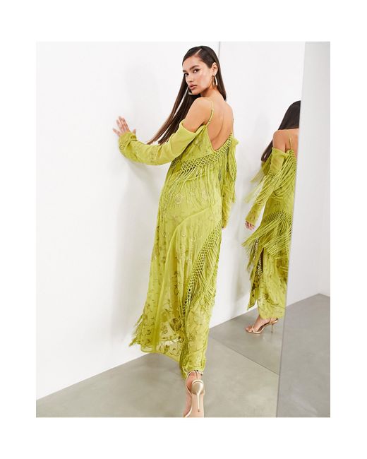 ASOS Green Floral Embroidered Long Sleeve Bias Cut Maxi Dress With Fringe