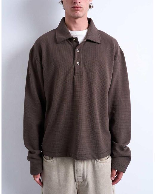Topman Brown Boxy Fit Waffle Polo Sweat for men